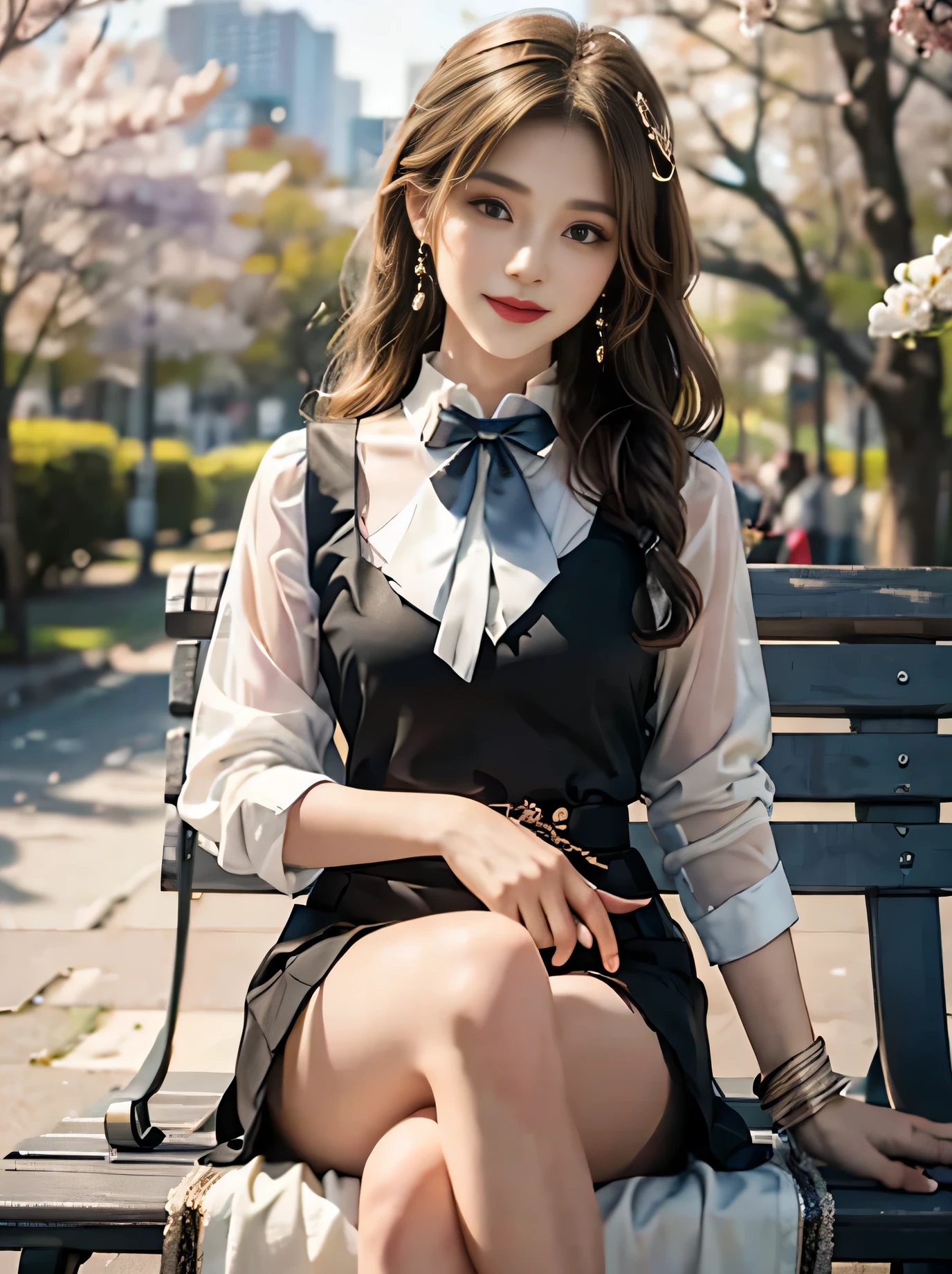 ((whole body)), ((from below)), ((sitting on a park bench)), ((realistic)), 1 girl, looking at viewer, detailed scene, Curly hair, air bang, beautiful hair accessories, brownish yellow hair, ((white colored blouse, short black tight skirt, neck bow tie, high heel)), (Campus Style), warm lighting, warm color palette, More details, very detailed, (masterpiece, best quality), (Very detailed and beautiful work), delicate earrings, delicate necklace, simple blurred background, extreme detail description, Ultra-fine painting, delicate face, slim body, (smile, tooth exposure), (anatomy correct), tight dress, cherry blossom road with river