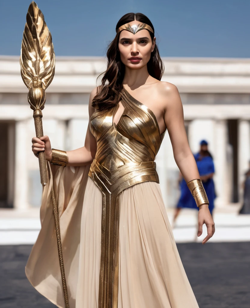 Arabian woman in a golden dress holding a shiny object, greek goddess, King of Hell played by Gal Gadot, angry goddess hera, emilia clarke as a greek goddess, roman goddess, greek goddess athena, Greek Goddess, Natalie Portman as a goddess, Portrait of a modern dharna, the godess hera looking angry