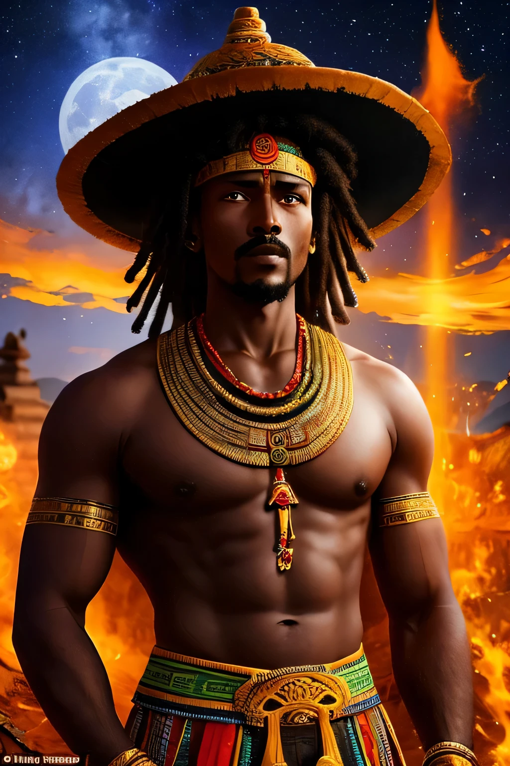 Amidst the enchanting night, an Ethiopian Yang man, powerful and resilient, stands ready with determined eyes. His muscular frame is draped in traditional attire, a testament to his rich cultural heritage. Long, scarred muscles ripple under the moonlight as he clenches his fists, preparing for battle against the malevolent witch. His lips move in a silent prayer as he begins to recite an ancient mantra from a tattered, sacred text.
The Ethiopian scriptures, filled with symbolic glyphs, unfurl in the darkness before him. His voice, deep and powerful, echoes through the still night as he invokes the blessings