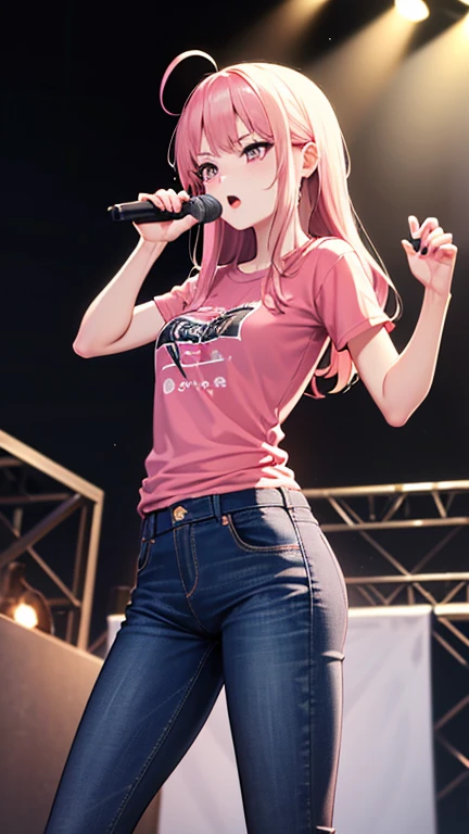 最high quality,very detailed,high quality,Extremely detailed,masterpiece,Super fine,ultra high resolution,超high quality,super delicate face,super realistic,(1 person:1.2)、woman、(Mature:1.5)、pink hair color、long hair、(pink eyes)、small breasts 、slender body, Ahoge、serious face、(sing:1.3), perfect face, beautiful proportions, Hold the microphone to your mouth, Stage Background、T-shirt、jeans、