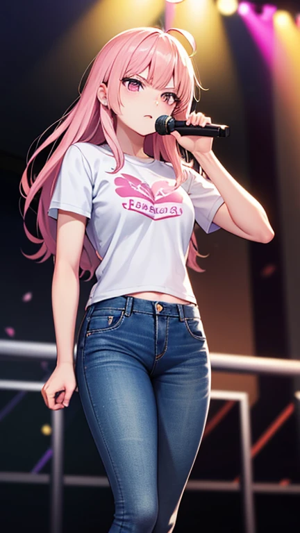 最high quality,very detailed,high quality,Extremely detailed,masterpiece,Super fine,ultra high resolution,超high quality,super delicate face,super realistic,(1 person:1.2)、woman、(Mature:1.5)、pink hair color、long hair、(pink eyes)、small breasts 、slender body, Ahoge、serious face、(sing:1.3), perfect face, beautiful proportions, Hold the microphone to your mouth, Stage Background、T-shirt、jeans、