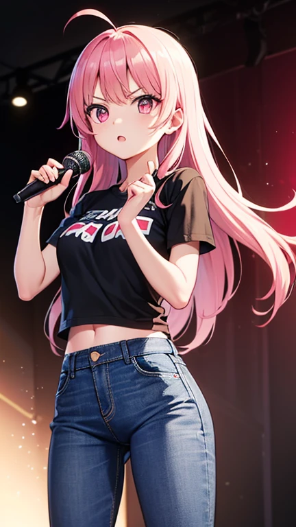 最high quality,very detailed,high quality,Extremely detailed,masterpiece,Super fine,ultra high resolution,超high quality,super delicate face,super realistic,(1 person:1.2)、woman、(Mature:1.5)、pink hair color、long hair、(pink eyes)、small breasts 、slender body, Ahoge、serious face、(sing:1.3), perfect face, beautiful proportions, Hold the microphone to your mouth, Stage Background、T-shirt、jeans、