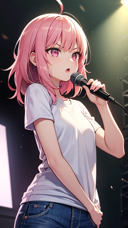 最high quality,very detailed,high quality,Extremely detailed,masterpiece,Super fine,ultra high resolution,超high quality,super delicate face,super realistic,(1 person:1.2)、woman、(Mature:1.5)、pink hair color、long hair、(pink eyes)、small breasts 、slender body, Ahoge、serious face、(sing:1.3), perfect face, beautiful proportions, Hold the microphone to your mouth, Stage Background、T-shirt、jeans、
