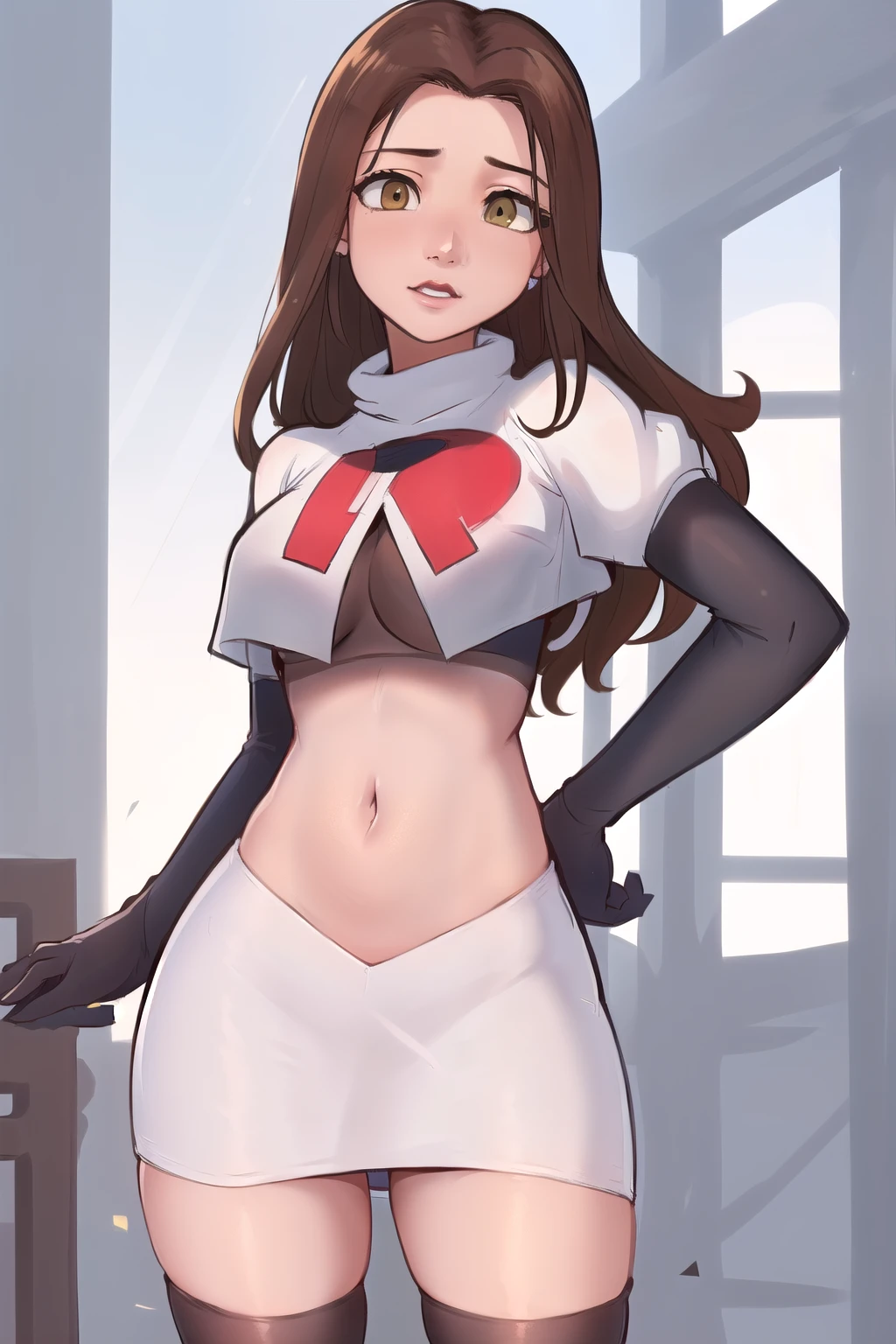 ((masterpiece, best quality:1.2),
BelleWaifu,18 years old,beautiful face,elegant face,(beautiful slanted eyes:1.4),brown eyes,breasts,cowboy shot, team rocket,team rocket uniform,white skirt,red letter R,crop top,black thigh-highs,black elbow gloves