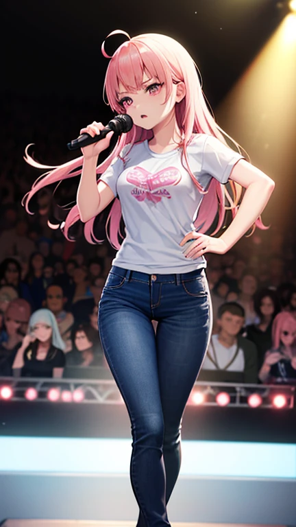 最high quality,very detailed,high quality,Extremely detailed,masterpiece,Super fine,ultra high resolution,超high quality,super delicate face,super realistic,(1 person:1.2)、woman、(Mature:1.5)、pink hair color、long hair、(pink eyes)、small breasts 、slender body, Ahoge、serious face、(sing:1.3), perfect face, beautiful proportions, Hold the microphone to your mouth, Stage Background、T-shirt、jeans、