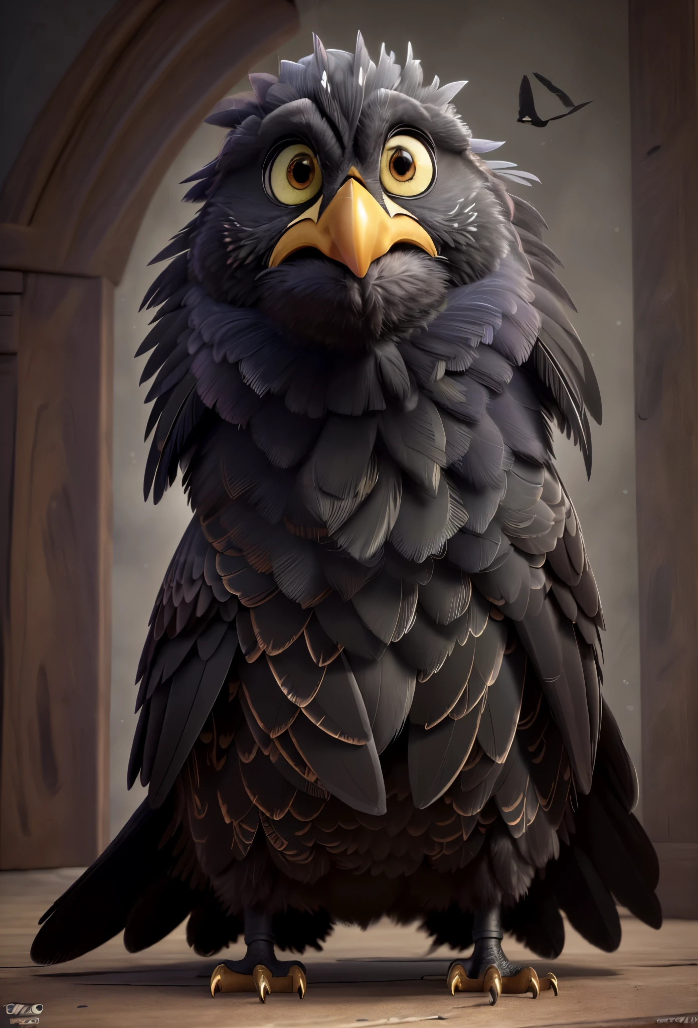 (best quality,4k,8k,highres,masterpiece:1.2),ultra-detailed,(realistic,photorealistic,photo-realistic:1.37),crow,black feathers,mysterious ambiance,detailed depiction,feather texture,crow eyes,staring ahead,dark background,surrealism,gothic,ethereal,vivid colors,subtle lighting