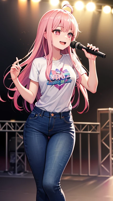 最high quality,very detailed,high quality,Extremely detailed,masterpiece,Super fine,ultra high resolution,超high quality,super delicate face,super realistic,(1 person:1.2)、woman、(Mature:1.5)、pink hair color、long hair、(pink eyes)、small breasts 、slender body, Ahoge、smile、(sing:1.3), perfect face, beautiful proportions, Hold the microphone to your mouth, Stage Background、T-shirt、jeans、