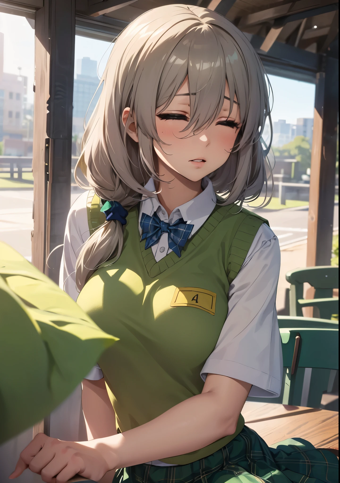 1girl, uzakitsuki, grey hair, hair between eyes, hair over shoulder, closed eyes, mature female, large breasts,
BREAK (school uniform, green bowtie, collared shirt, white shirt, sweater vest, yellow vest, short sleeves, plaid skirt, green skirt:1.2)
BREAK ((anime girl)), best quality, expressive eyes, perfect face, (masterpiece), best quality, expressive eyes, perfect face, ((best quality)), ((ultra-detailed)), ((an extremely delicate and beautiful)), perfect eyes, perfect body, ((synmetry eyes)), beautiful eyes, ((thick thighs)), shiny skin, soft skin, ((synmetry body)), ((perfect body)), 