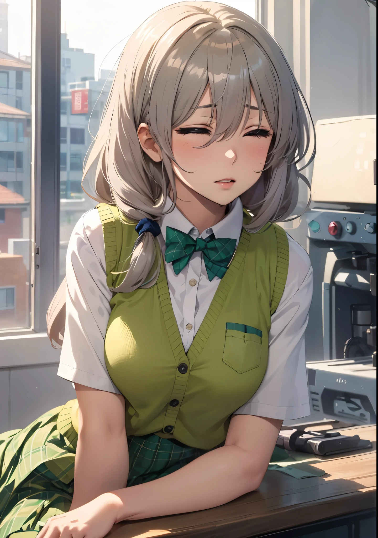 1girl, uzakitsuki, grey hair, hair between eyes, hair over shoulder, closed eyes, mature female, large breasts,
BREAK (school uniform, green bowtie, collared shirt, white shirt, sweater vest, yellow vest, short sleeves, plaid skirt, green skirt:1.2)
BREAK ((anime girl)), best quality, expressive eyes, perfect face, (masterpiece), best quality, expressive eyes, perfect face, ((best quality)), ((ultra-detailed)), ((an extremely delicate and beautiful)), perfect eyes, perfect body, ((synmetry eyes)), beautiful eyes, ((thick thighs)), shiny skin, soft skin, ((synmetry body)), ((perfect body)), 