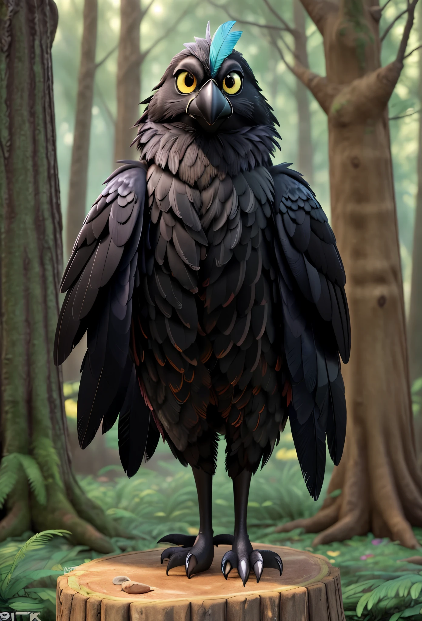 ,Black crow with colorful feathers,shimmering feathers,standing on ancient tree branch,mysterious forest background,(best quality,4k,8k,highres,masterpiece:1.2),ultra-detailed,(realistic,photorealistic,photo-realistic:1.37),vivid colors,sharp focus,studio lighting,physically-based rendering