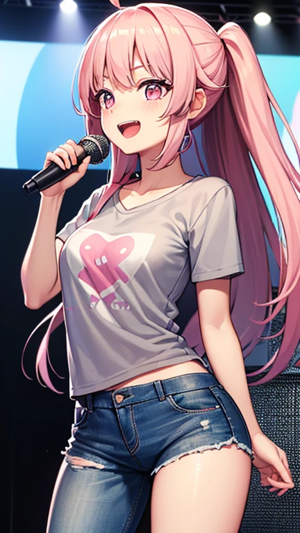 最high quality,very detailed,high quality,Extremely detailed,masterpiece,Super fine,ultra high resolution,超high quality,super delicate face,super realistic,(1 person:1.2)、woman、(Mature:1.5)、pink hair color、long hair、(pink eyes)、small breasts 、slender body, Ahoge、smile、(sing:1.3), perfect face, beautiful proportions, Hold the microphone to your mouth, Stage Background、T-shirt、jeans、