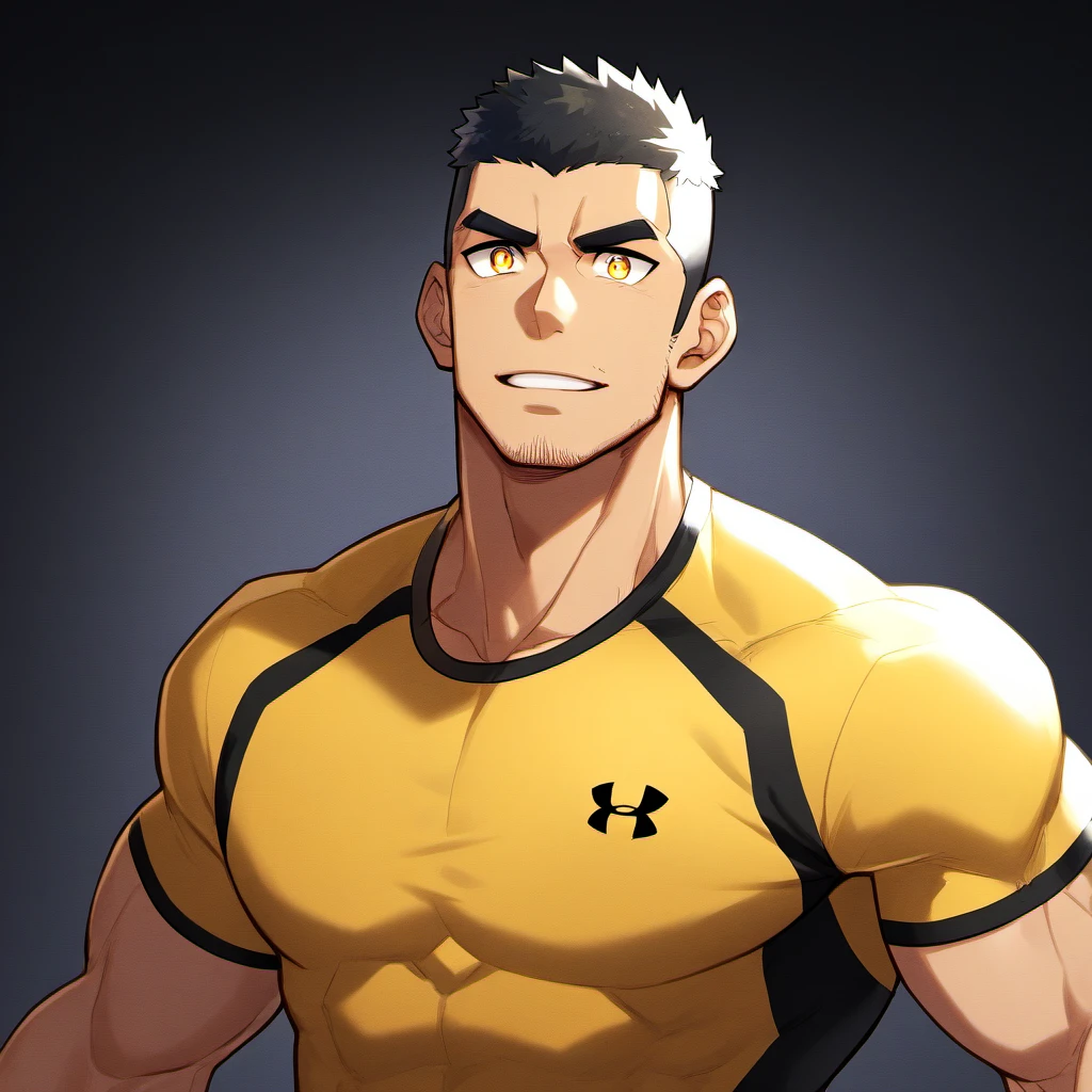 anime characters：Gyee, Fitness coach, 1 muscular tough guy, Manliness, male focus, Yellow and black tight T-shirt, Under Armour brand sports tight T-shirt, Slightly transparent, muscular male, muscular, only, Upper body, alone, Black short hair, Thick eyebrows, stubble, Yellow eyes, Black background, simple background, amazing quality, best aesthetics, Ridiculous, bright pupils, crew cut, parted lips, embarrassed, forced smile, drop shadow, best quality