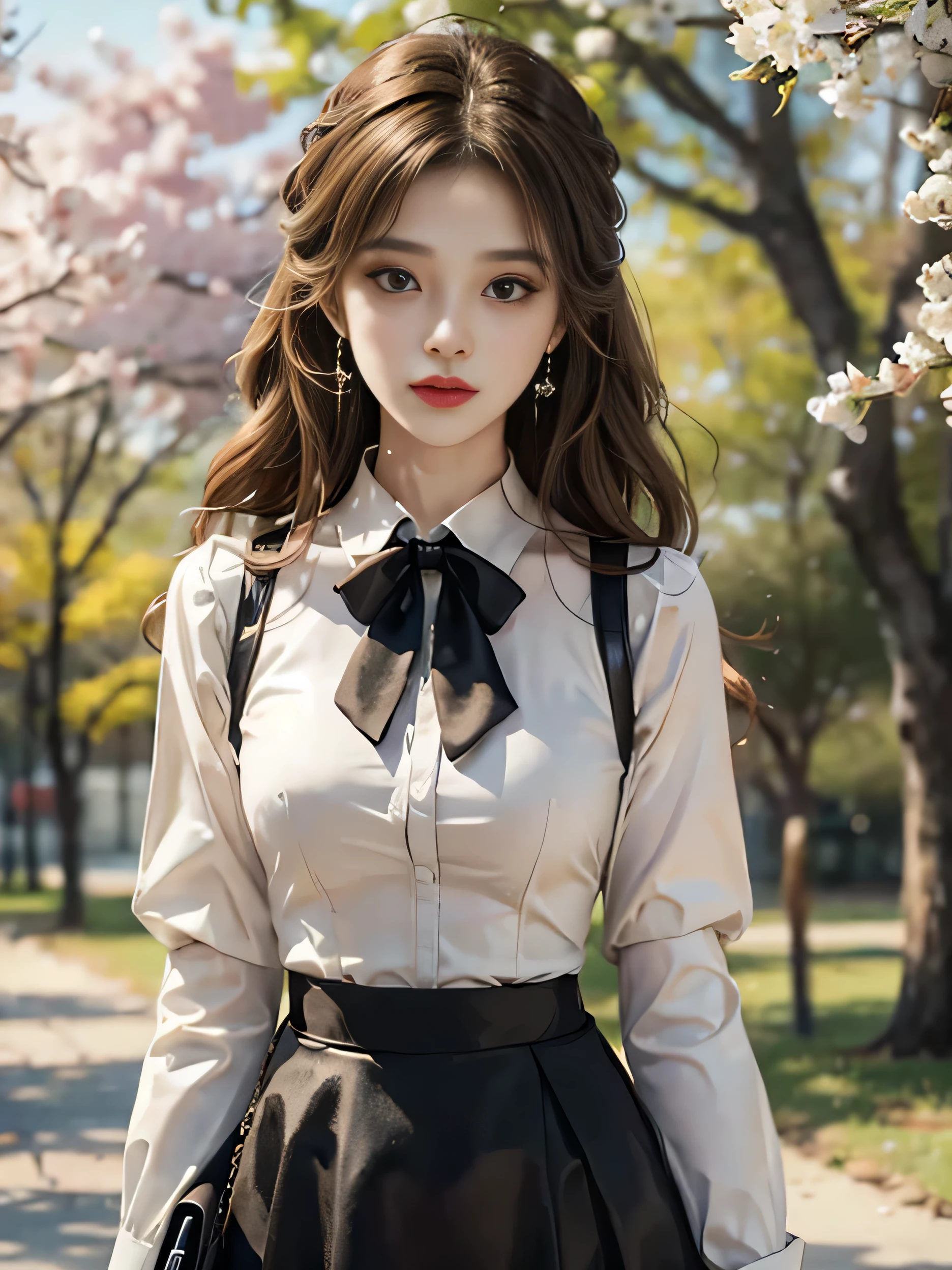 ((whole body)), ((from below)), ((walking in the park)), ((realistic)), 1 girl, looking at viewer, detailed scene, Curly hair, air bang, beautiful hair accessories, brownish yellow hair, ((white colored blouse, short black tight skirt, neck bow tie, high heel)), (Campus Style), warm lighting, warm color palette, More details, very detailed, (masterpiece, best quality), (Very detailed and beautiful work), delicate earrings, delicate necklace, simple blurred background, extreme detail description, Ultra-fine painting, delicate face, slim body, (embarrassed expression), (anatomy correct), tight dress, cherry blossom road with river,