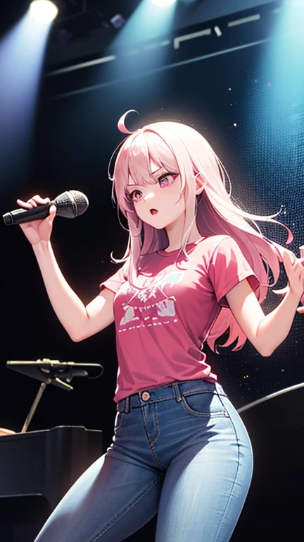 最high quality,very detailed,high quality,Extremely detailed,masterpiece,Super fine,ultra high resolution,超high quality,super delicate face,super realistic,(1 person:1.2)、woman、(Mature:1.5)、pink hair color、long hair、(pink eyes)、small breasts 、slender body, Ahoge、serious face、(sing:1.3), perfect face, beautiful proportions, Hold the microphone to your mouth, Stage Background、T-shirt、jeans、