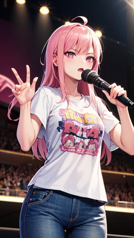 最high quality,very detailed,high quality,Extremely detailed,masterpiece,Super fine,ultra high resolution,超high quality,super delicate face,super realistic,(1 person:1.2)、woman、(Mature:1.5)、pink hair color、long hair、(pink eyes)、small breasts 、slender body, Ahoge、serious face、(sing:1.3), perfect face, beautiful proportions, Hold the microphone to your mouth, Stage Background、T-shirt、jeans、