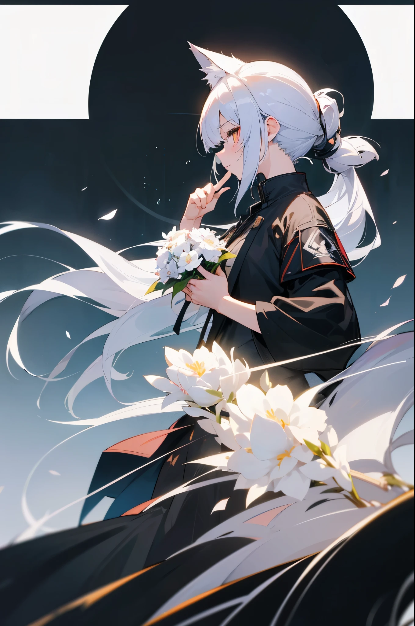 Anime girl with long white hair and black jacket holding flowers, Silver hair (pony tails), White-haired fox, From Arknights, beautiful anime catgirl, anime girl profile, anime girl with cat ears, Hold the flower with your index finger, female anime character, Anime figure, cute anime catgirl, (Anime girl), An anime girl, Holo is a wolf girl
