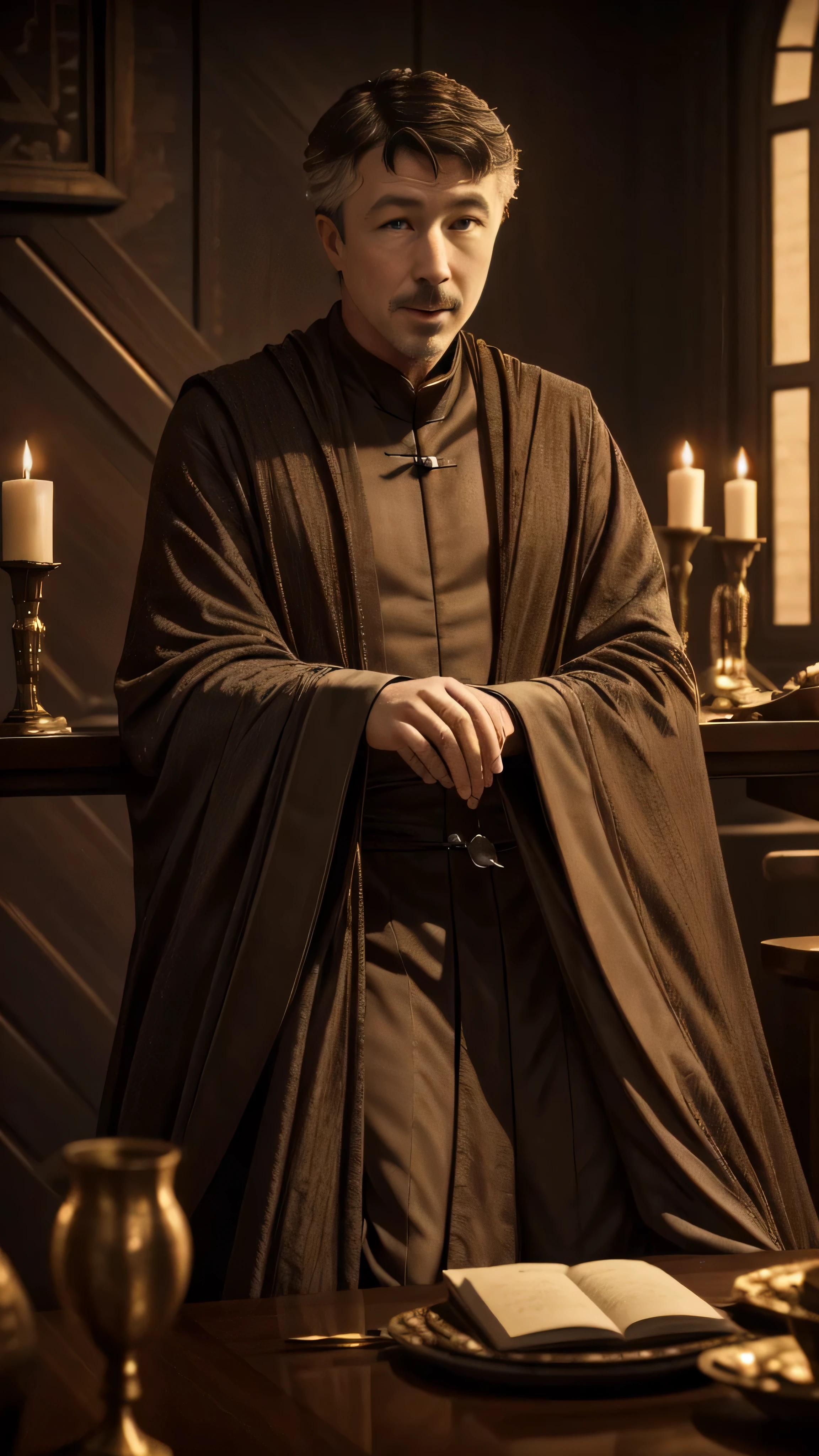 ((Aidan Gillen)) as Petyr Baelish, luxury robe, sitting in front of table, in a bedroom, 1man, solo, beautiful detailed glow, detailed, cinematic light, intricate detail, realistic, highres, detailed facial features, high detail, sharp focus, smooth, aesthetic, extremely detailed, stamp, octane render