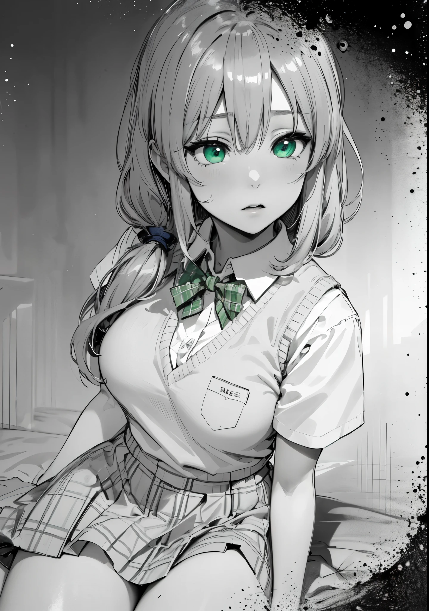 1girl, uzakitsuki, grey hair, hair between eyes, hair over shoulder, closed eyes, mature female, large breasts,
BREAK (school uniform, green bowtie, collared shirt, white shirt, sweater vest, yellow vest, short sleeves, plaid skirt, green skirt:1.2)
BREAK ((anime girl)), best quality, expressive eyes, perfect face, (masterpiece), best quality, expressive eyes, perfect face, ((best quality)), ((ultra-detailed)), ((an extremely delicate and beautiful)), perfect eyes, perfect body, ((synmetry eyes)), beautiful eyes, ((thick thighs)), shiny skin, soft skin, ((synmetry body)), ((perfect body)), 