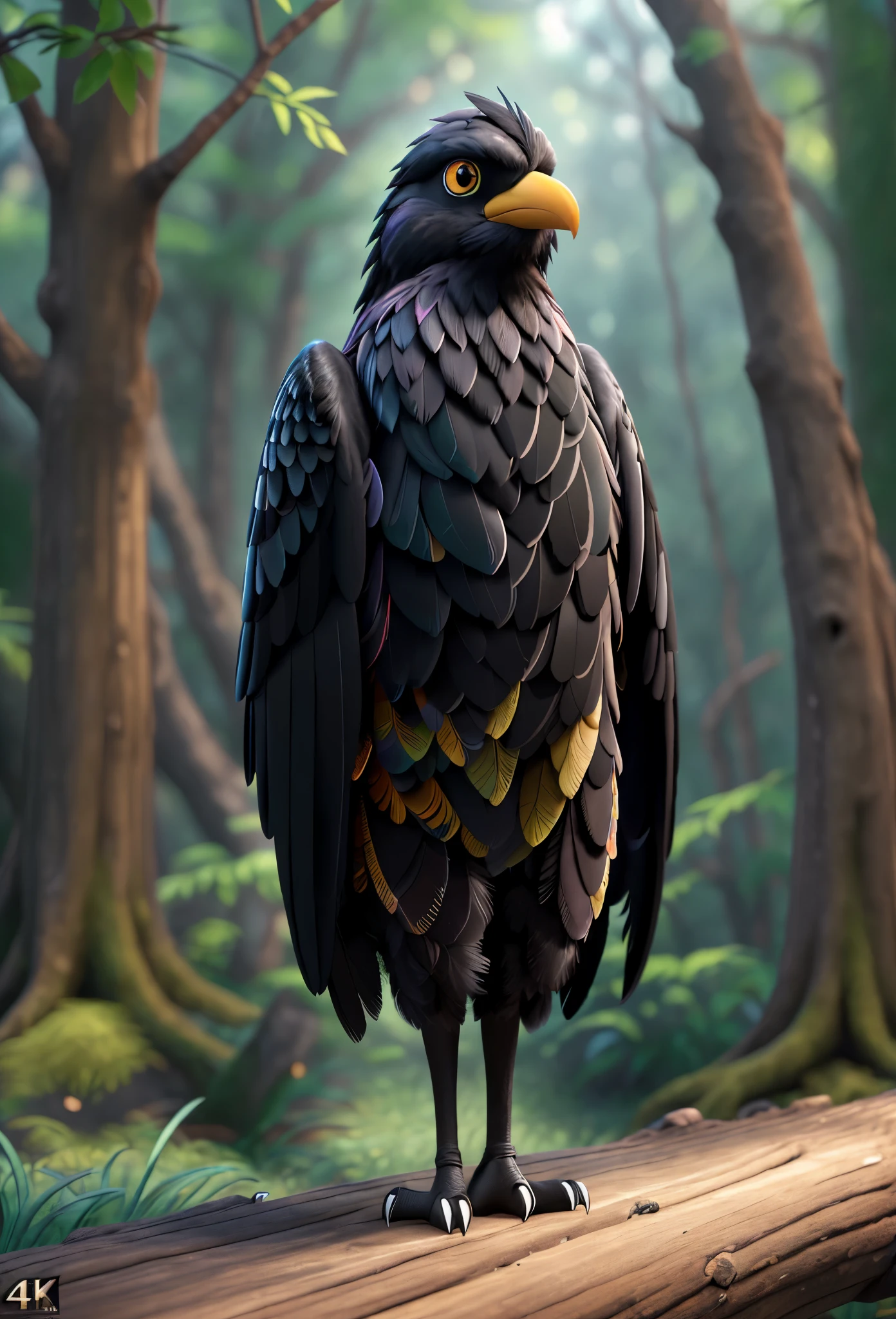 ,Black crow with colorful feathers,shimmering feathers,standing on ancient tree branch,mysterious forest background,(best quality,4k,8k,highres,masterpiece:1.2),ultra-detailed,(realistic,photorealistic,photo-realistic:1.37),vivid colors,sharp focus,studio lighting,physically-based rendering