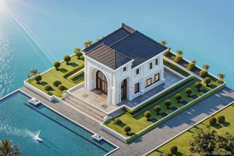 (1neoclassic house, The house is made from white walls and some walls are painted bright blue)), beautyful light, beautyfulday, sunny, Many grass bougainvilleas along the road:1.3, lovely youthful feeling :1.2, sunlight at 12 noon, Very beautiful shadows
