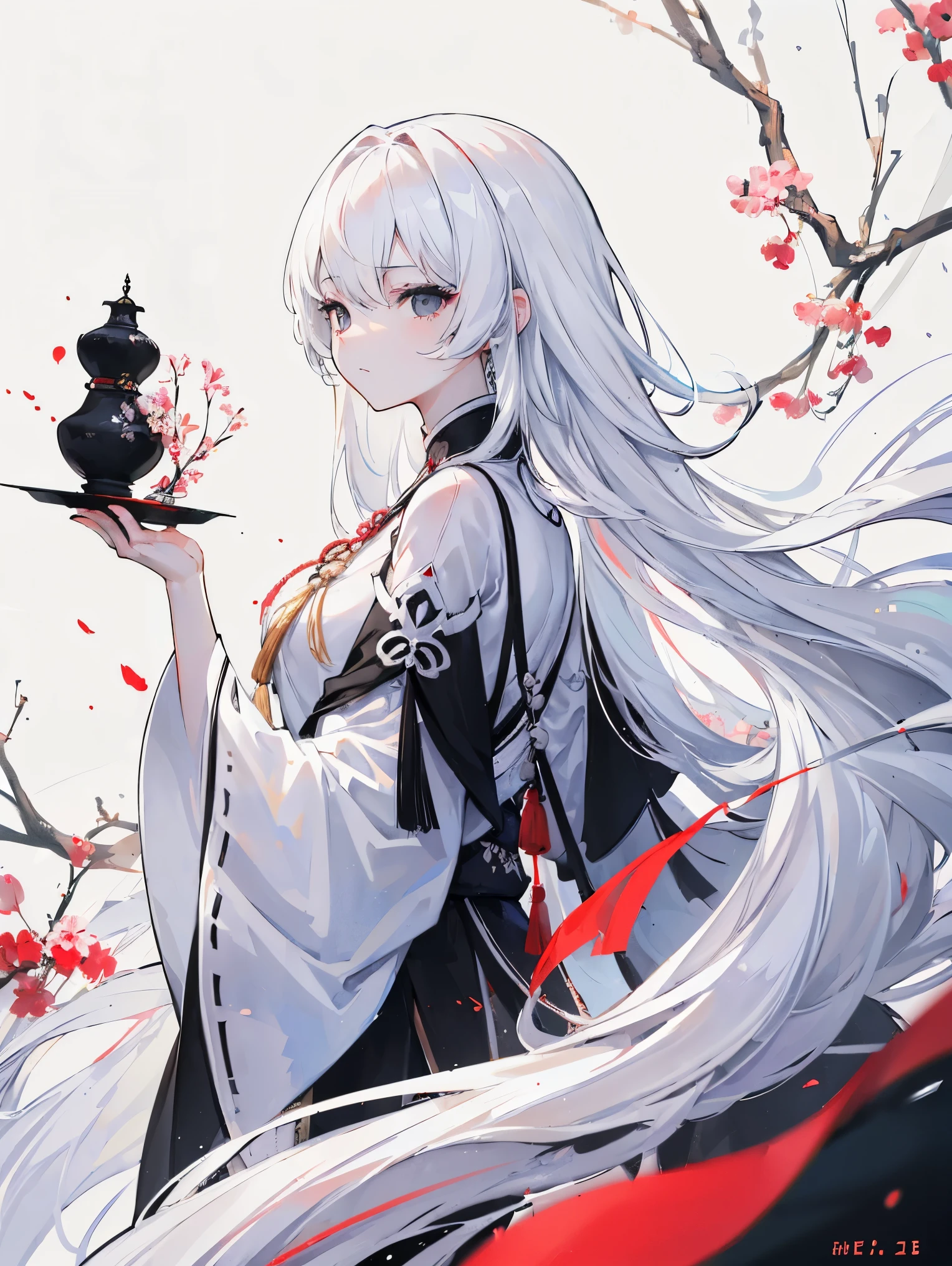(white long hair:1.5), (beautiful black eyes:1.5), {{{{{{{illustration }}}}}}}, 1girl, [Ancient palace background, chinese dragon, watercolor,], chinese dragon hanfu, {{female focus on, lens 135mm f1.8}}, {{color Ink wash painting)}, {{ink splashing}}, {{color splashing}}, {{{colorful}}}, {{sketch}}, Masterpiece, best quality, beautifully painted