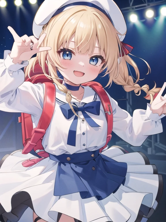 masterpiece, highest quality, High resolution, 1 girl, blonde hair, medium hair, idol dress,ruffle dress , short twin tails, Braid, beret, white hat, hat ribbon, choker, bow tie, blue clothes, long sleeve, wrist cuffs, stage, smile, open your mouth, have a microphone, wearing school Backpack, (Backpack:1.1), red Backpack