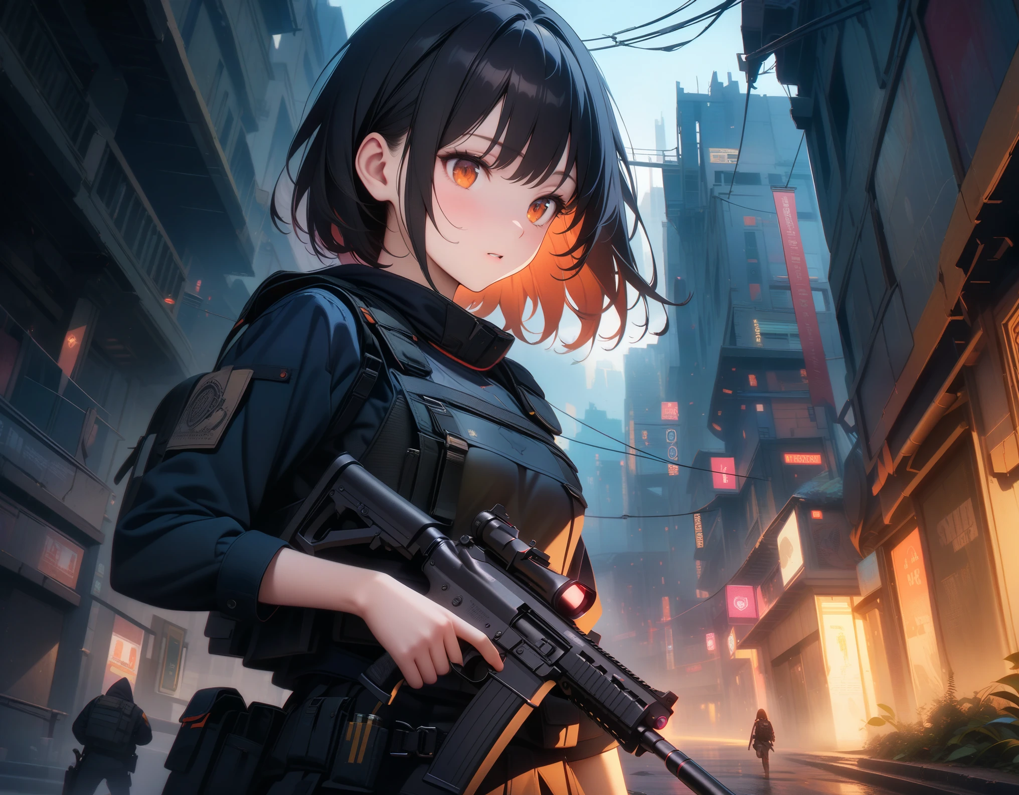 ((masterpiece, best quality, ultra-detailed, an extremely delicate and beautiful)), ((extremely detailed CG unity 8k wallpaper)), ((award winning, ccurate, UHD, textured skin, chromatic aberration, perfect anatomy, Fujicolor)), (concept art, action art), ((((Post-apocalyptic fiction)))), 1 young girl hiding behind the wall in room at night, small breasts, short body, young sister taste, jet black short hair with inner blue color, orange eyes, careful for raiders, raiders searching for her, wearing bulletproof vest, ready her gun, ((survival)), ((stealth scene))