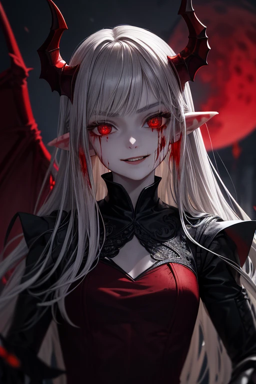 (Masterpiece: 1.2, best quality), (best lighting, very delicate and beautiful), (best lighting, very delicate and beautiful), (beautiful detailed face), (detailed eyes and detailed face: 1.2), dark fantasy, (young girl, little beast, 1girl, solo, crazy smile, pale skin, gray hair, red glowing eyes, dynamic angle, vampire), (get a vampire castle in the background), (Red Moon, Red Sky), pointy_ears, Fangs, Demon Wings, Demon Horns, Blood on the Face, Blood Rain, Blood Mist, (Depth of Field), High Contrast, (Blood Splash: 1.4), Cowboy Shot, Full Body,