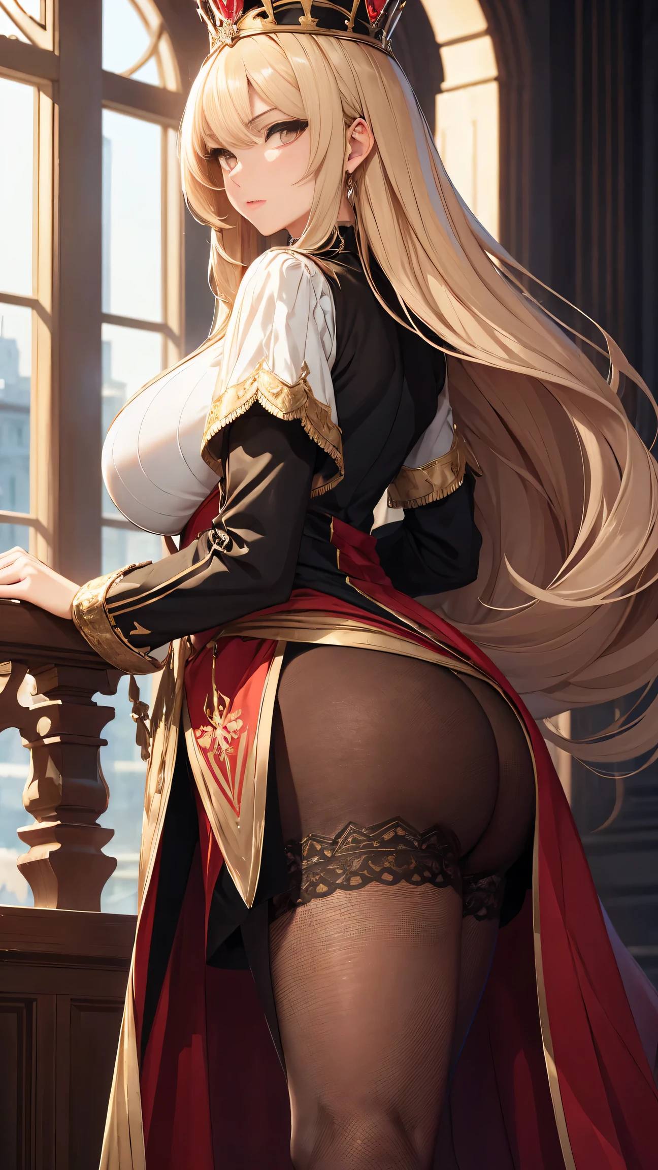 Super tall,The temperament of a queen,masterpiece,best qualityer,Hyper-detailing,Full body illustration,Fine and detailed eyes and detailed face) garments, shorts,Pantyhose, Show stockings,allure:Tall,Plump body,Wide buttock,Large,Strong,Very high,Go ahead,(big ass:1.3),(thick thight:1.3),Taller than a tree, lower back view, look away