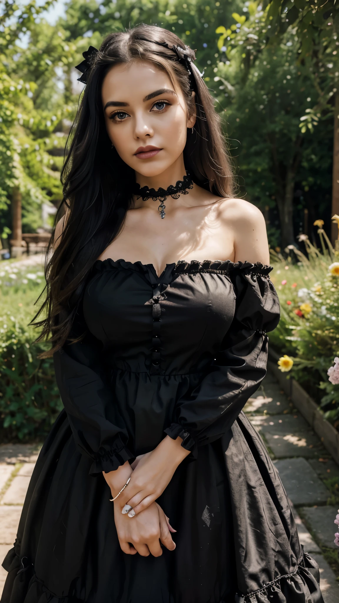 (masterpiece:1.2), (highest quality:1.2), perfect eyes, perfect face, perfect lighting, 1 girl, Mature female goth gal standing with both hands out in front of her, long hair, complicated hairstyle, compensate, black lips, thick eyelashes, sad, melancholy, Wearing a Goth Girl outfit, black and white dress, frills, ribbon, plump sleeves, bare shoulders, lace choker, jewelry, peaceful, quiet, Chill, detailed outdoor background, beautiful scenery, fantasy, summer, Sunny, sunburned, flowers, wood