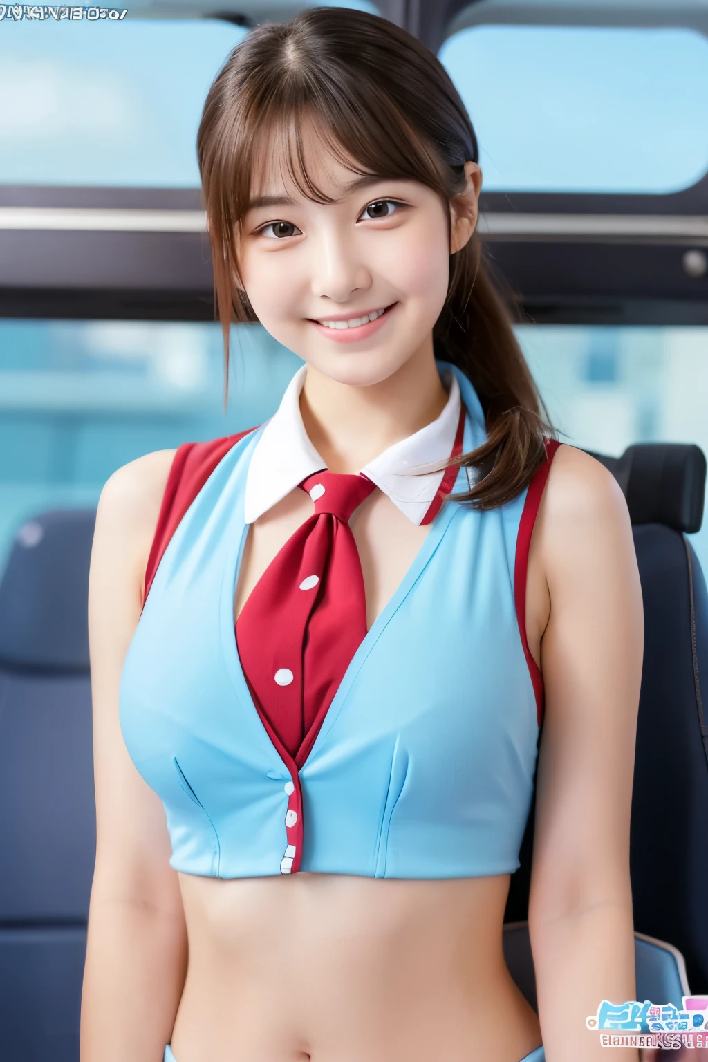 A 22-year-old with a cute, idol-like face and a face. Occupation: Flight Attendant Gentle and cute smile gently small bust It's a bikini-style uniform. Standing position that shows the whole body The lower half of the body is clearly visible. Raw photo genuine real High definition Do not display copyright