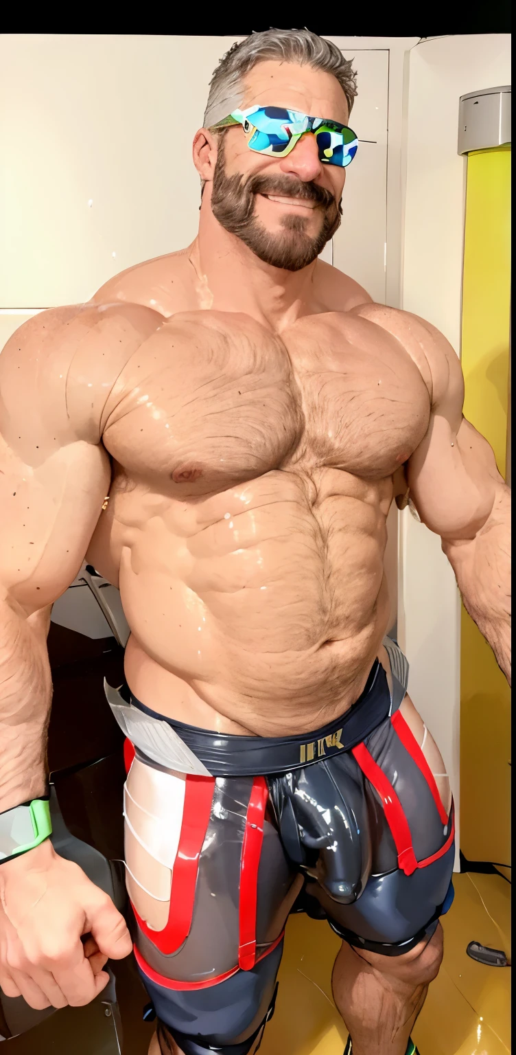 full body portrait, strong burly hairy mature older man(space captain), wearing futuristic captain's uniform insignia (neon and black) (open and revealing) (latex) , gray hair, reflective sunglasses (neon yellow rims), broad shoulders, round belly, thick feet, bulging micro thong, barefoot, scifi spaceship captain uniform, neon lights, best quality elegant masterpiece, face looks like Tom Selleck (Magnum PI) , military buzzcut, dark mustache, gray stubble, latex, wearing a latex thong, big bulging crotch, futuristic gear equipment, wearing see through plastic chest armor (neon yellow and electric blue), wearing neon yellow see through chest armor, wearing electric blue latex chaps(see-through) , wearing cool neon sneakers,in spaceship cockpit, lying in spaceship sleeping quarters(bed) (view from above), smiling with teeth showing, nicebulge, waiting in bed, glowing armor, legs up(!) and spread(!) , big muscle ass, wet and dripping ass, visible asshole(!) , wet asshole, hairy pecs, thick long legs, silver hair
