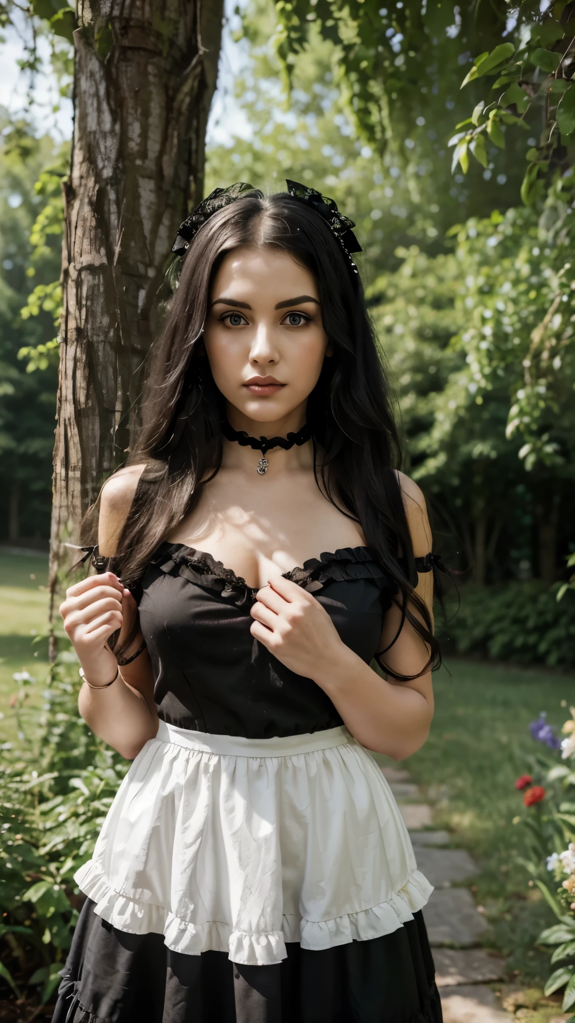 (masterpiece:1.2), (highest quality:1.2), perfect eyes, perfect face, perfect lighting, 1 girl, Mature female goth gal standing with both hands out in front of her, long hair, complicated hairstyle, compensate, black lips, thick eyelashes, sad, melancholy, Wearing a Goth Girl outfit, black and white dress, frills, ribbon, plump sleeves, bare shoulders, lace choker, jewelry, peaceful, quiet, Chill, detailed outdoor background, beautiful scenery, fantasy, summer, Sunny, sunburned, flowers, wood