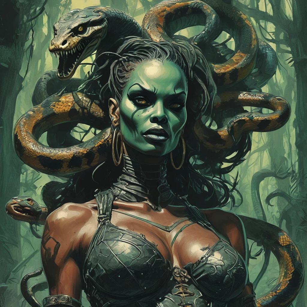 splash page decompressed comic cover art, joelle jones style expressive ink comic, rich color grading, rotoscope hyperrealism, frederic delavier musculature anatomy detailed accurate precise illustration, internal mechanics of robotic Medusa, cinematic, chiaroscuro lighting, surreal, slender medusa filled with steampunk gears and machinery, vertigo, overwhelming, intense, depth, Medusa, splash page decompressed comic cover art, ink style figure, candid, snake skin dress, ((art style expressive Joelle Jones and "Sean Gordon Murphy" comic drawing)), wordless, cinematic poster double exposure, optical illusion, image within image, abyss void black no visibility darkness, full body portrait, (background, pine barrens, entropy, rewilding, magic hour sunset, galaxy stars, cosmos), (horror, abstract, surreal, body, cosmic), body anatomy drawn in Frederic Delavier musculature anatomical illustration art style, (face, ornate black metal corpse paint, resembles Grace Jones), (body, Naga, snakefolk, lower body snake tail, snake woman hybrid, bald, hairless, skeleton, snake skin tattoos, piercing eyes, snake pupils, over the shoulder), (colors, merge bleak muted deep fiery radiant glowing ROYGBIV, forest green to earth brown), craftsmanship nuance, (art style Gerardo Zaffino charcoal), subliminal orchids, nyctophobia, (wordless, single image), silhouette