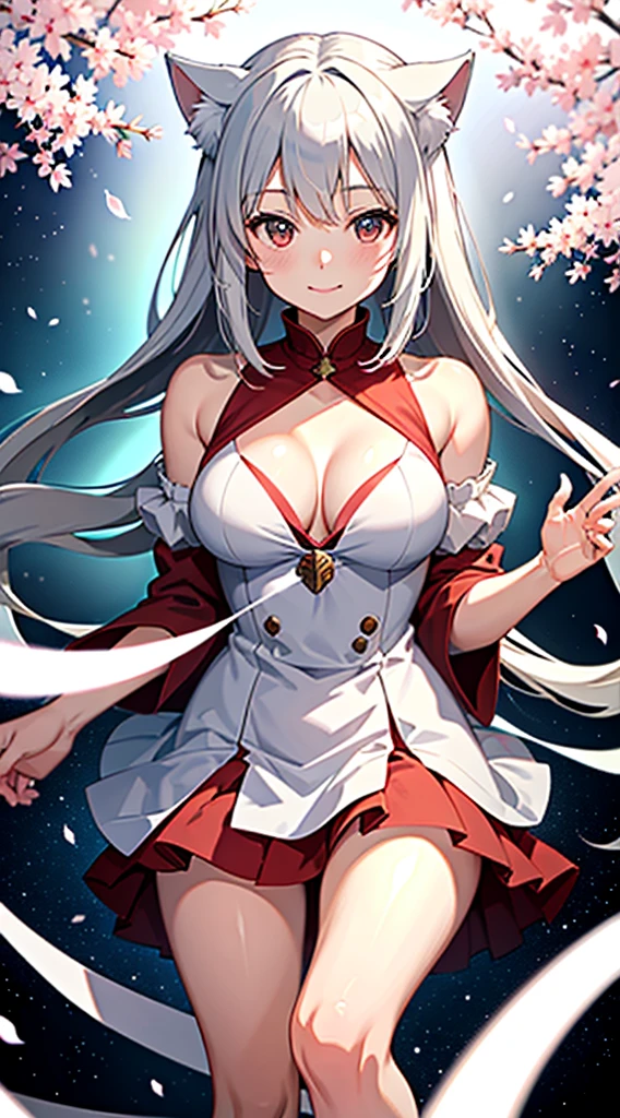 (masterpiece), (High quality anime illustrations), (super clear), (Super details), a girl, alone, Silver-haired girl, Anime Change, Cat ear , , Red and white priestess costume, Transparent red and white hakama, ta Priestess, Smile, small breasts, split, Lower chest, thigh, Cherry blossoms, shrine, tarot card style，beautiful breasts、huge breasts:1.4，plump breasts