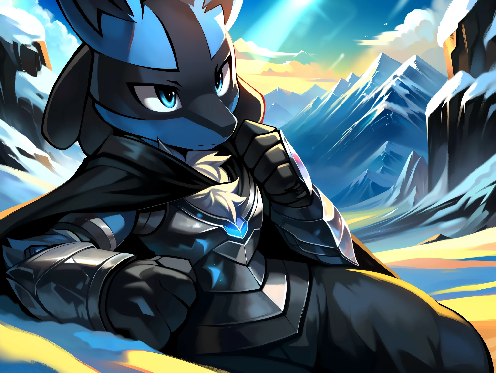 (((Lucario))), male, (((solo))), wolf, chest spike, male, ((blue eyes)), (((black adventurer gear))), ((silver chest armor)), (((long black cloak)), ((black pants)), (black gloves), sunny day, blue aura, snowy mountains, rocky, sunrays, clouds. snow, snowy ground, up close. Very good figure, masterpiece, best quality