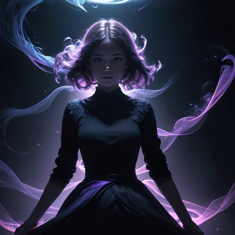 (((full medium shot))), (Masterpiece, photorealistic, photorealism, best quality, ultra-detailed:1.3), (nice hands, perfect hands), official art, cinematic light, (1girl:1.3), adult, woman floating in dark void completely engulfed in colorful glowing mad-mbp swirling ethereal smoke, cinematic shot, deep shadow, raw photo,