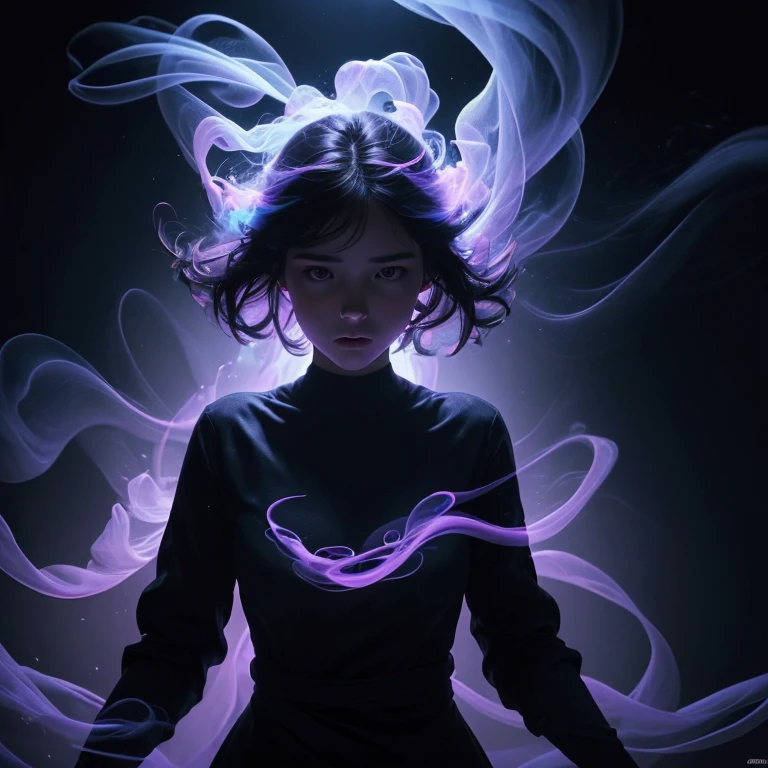 (((full medium shot))), (Masterpiece, photorealistic, photorealism, best quality, ultra-detailed:1.3), (nice hands, perfect hands), official art, cinematic light, (1girl:1.3), adult, woman floating in dark void completely engulfed in colorful glowing mad-mbp swirling ethereal smoke, cinematic shot, deep shadow, raw photo,