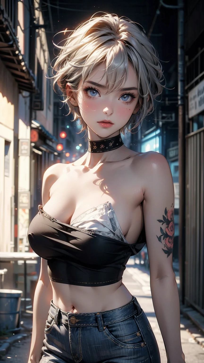 (masterpiece, High resolution, highest quality), ((20 year old woman, Composition from head to stomach, upper body focus)), detailed eyes, Tattoo covering the entire arm:1.2, Asymmetrical punk short hair:1.2, ash gray hair, Solid Tube Top :1.3, hot pants, blurred background, A deserted back alley in Paris:1.3, cinematic lighting, anime style, simple lines, digital painting