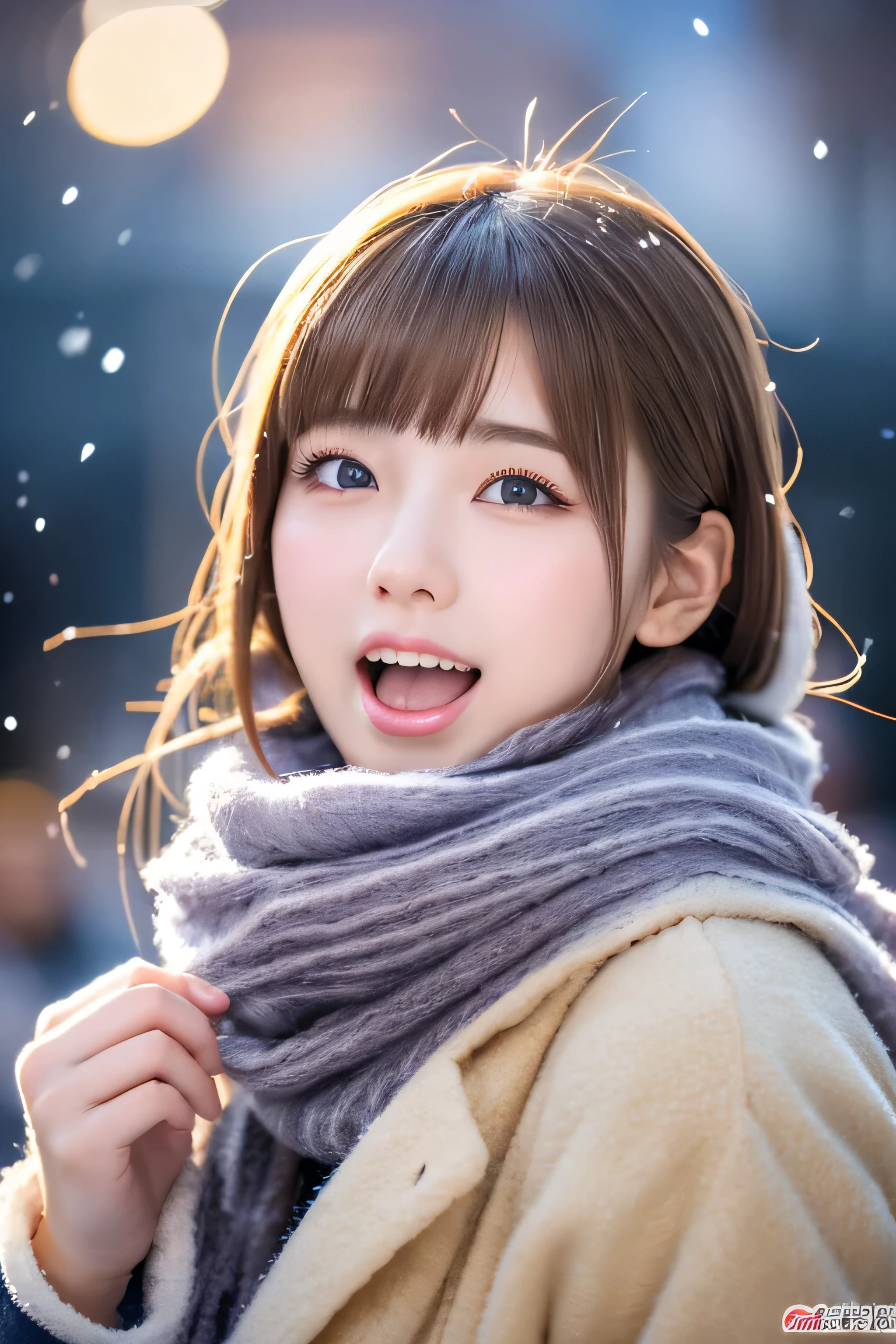 ((No makeup、close your mouth:1.2))、(realistic、Photoreal、super detailed、best detailed skins、highest quality、masterpiece、超A high resolution)、cute russian woman、14 years、high school girl、young girl、1 girl、have bangs、ash blonde:1.7、double eyelid、drooling eyes、Japanese style face、purity、please keep your mouth shut、realistic skin type、thick muffler、Gray muffler、fluffy hair、((There&#39;s hair in the scarf:1.3))、red cheeks、The wind is blowing、It&#39;s snowing、night、illumination、lighting from behind