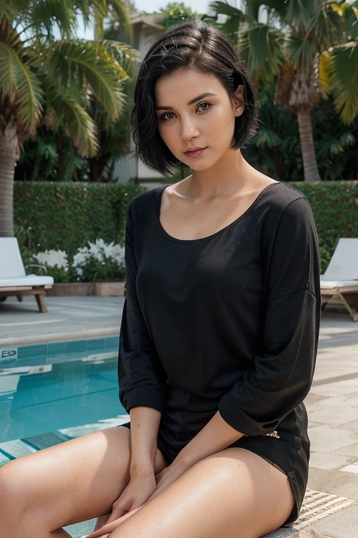 realistic photo, front on cinematic frontal shot, realistic photo of beautiful 24 year old woman with short black hair staring straight into the camera, talking to camera, stylishly clothed, professional, head and shoulder, sitting at pool side, look direct at camera