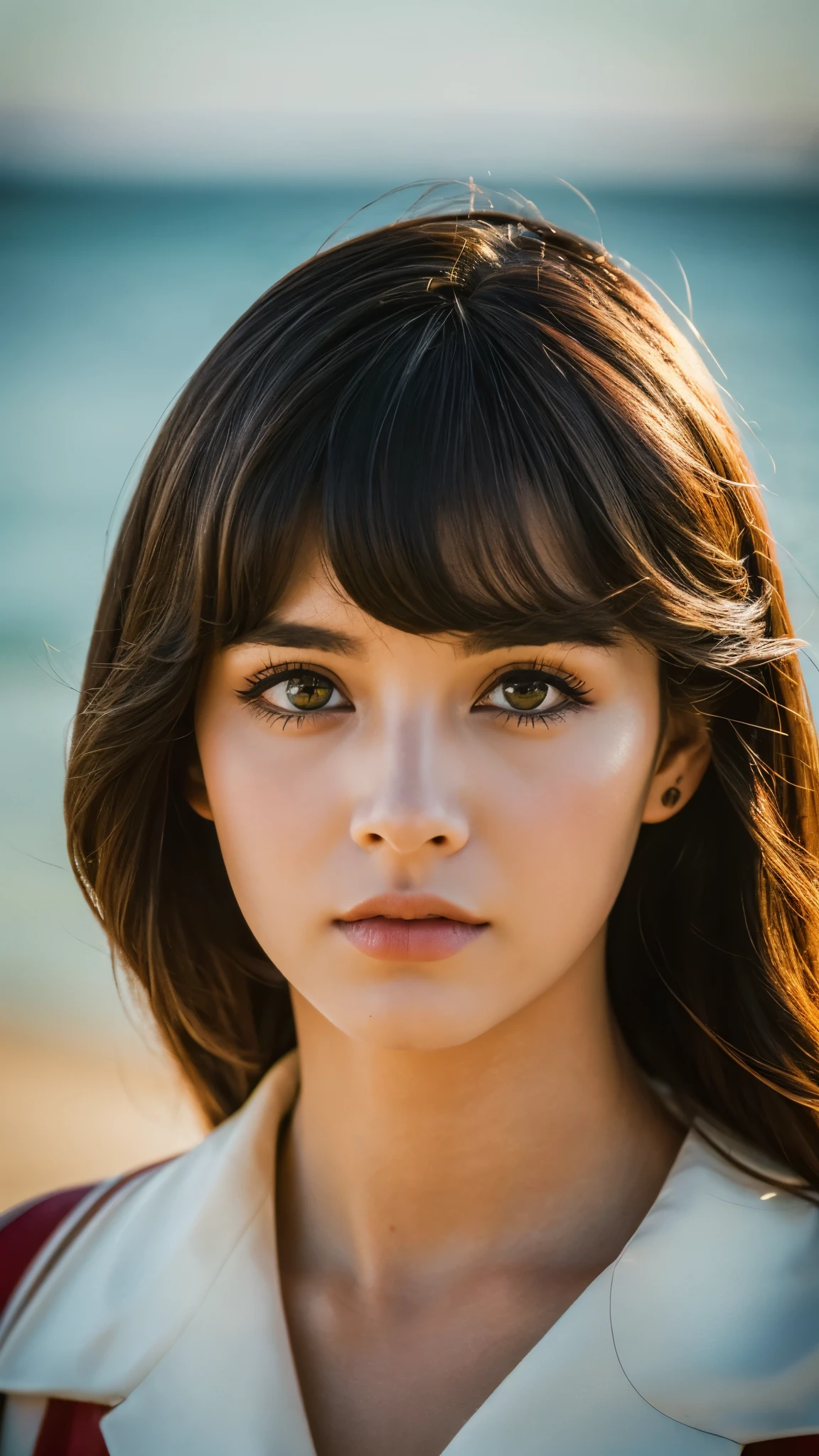 kmwld, (sharp focus:1.2), photograph, attractive young woman, (beautiful face:1.1), fine eyes, luscious lips, (cat eye makeup:0.85), (Big eyes:1.0), (toned body:1.2), (1980s Hair:1.2), wearing (1980s clothing:1.2) to (beach:1.2). (moody lighting:1.2), Depth of the bounds written, Bokeh, 4k, HDR. toよる (james c. Christensen:1.2|Jeremy Lipking:1.1).