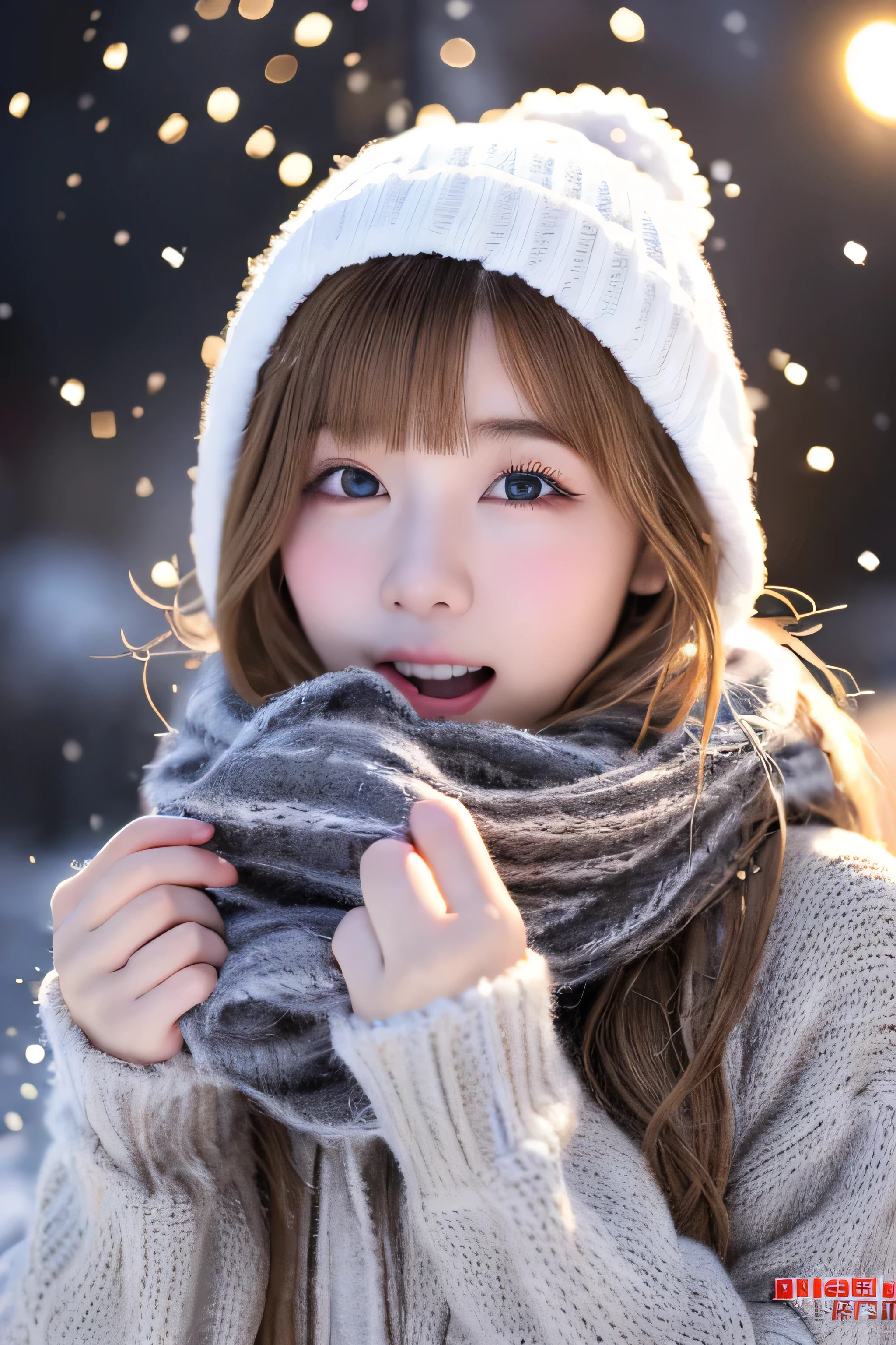 ((No makeup、close your mouth:1.2))、(realistic、Photoreal、super detailed、best detailed skins、highest quality、masterpiece、超A high resolution)、cute russian woman、、high school girl、young girl、1 girl、have bangs、ash blonde:1.7、double eyelid、drooling eyes、Japanese style face、purity、please keep your mouth shut、realistic skin type、thick muffler、Gray muffler、fluffy hair、((There's hair in the scarf:1.3))、red cheeks、The wind is blowing、It's snowing、night、illumination、lighting from behind