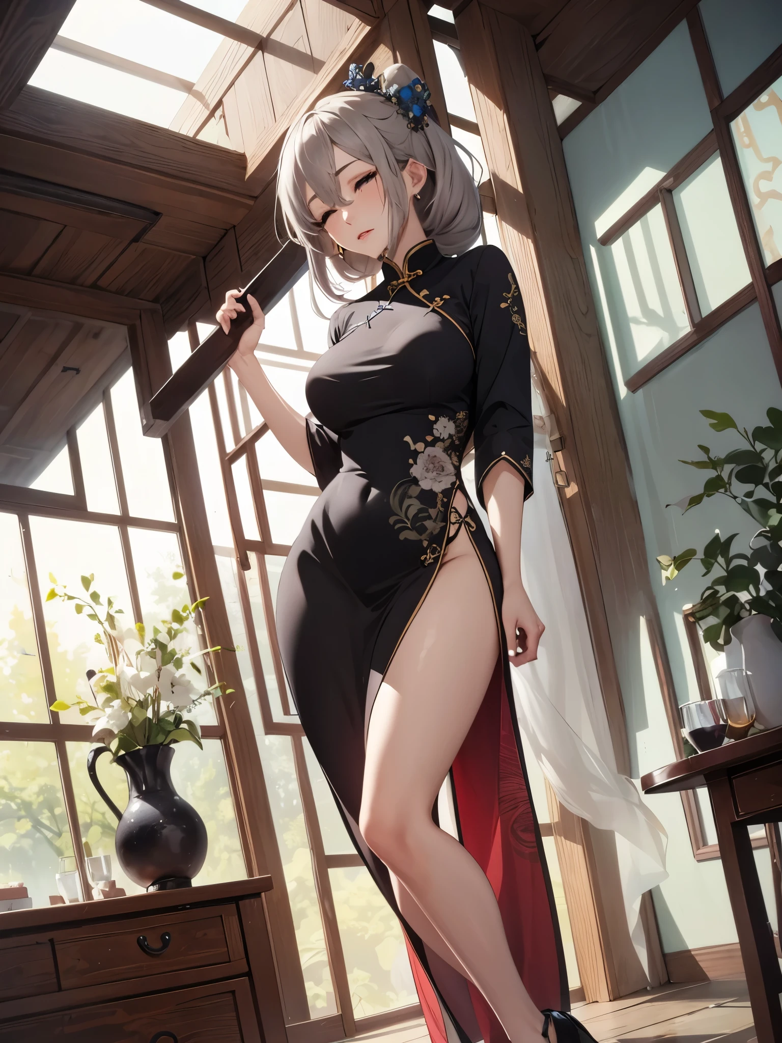 1girl, uzakitsuki, grey hair, hair between eyes, hair over shoulder, closed eyes, mature female, large breasts,
BREAK (chinese clothes,black footwear,hair ornament,china dress,glass:1.2)
BREAK ((anime girl)), best quality, expressive eyes, perfect face, (masterpiece), best quality, expressive eyes, perfect face, ((best quality)), ((ultra-detailed)), ((an extremely delicate and beautiful)), perfect eyes, perfect body, ((synmetry eyes)), beautiful eyes, ((thick thighs)), shiny skin, soft skin, ((synmetry body)), ((perfect body)), 