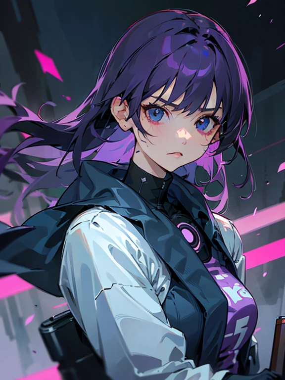 Girl with dark Purple Hair and light blue eyes, Her hair was loose and blowing in the wind, holding a short-barreled rifle and a dagger, Wearing black and neon purple cyber punk clothes. A serious face with a communication device in his left ear, There were several cuts on his face and 1 quite large cut on her neck