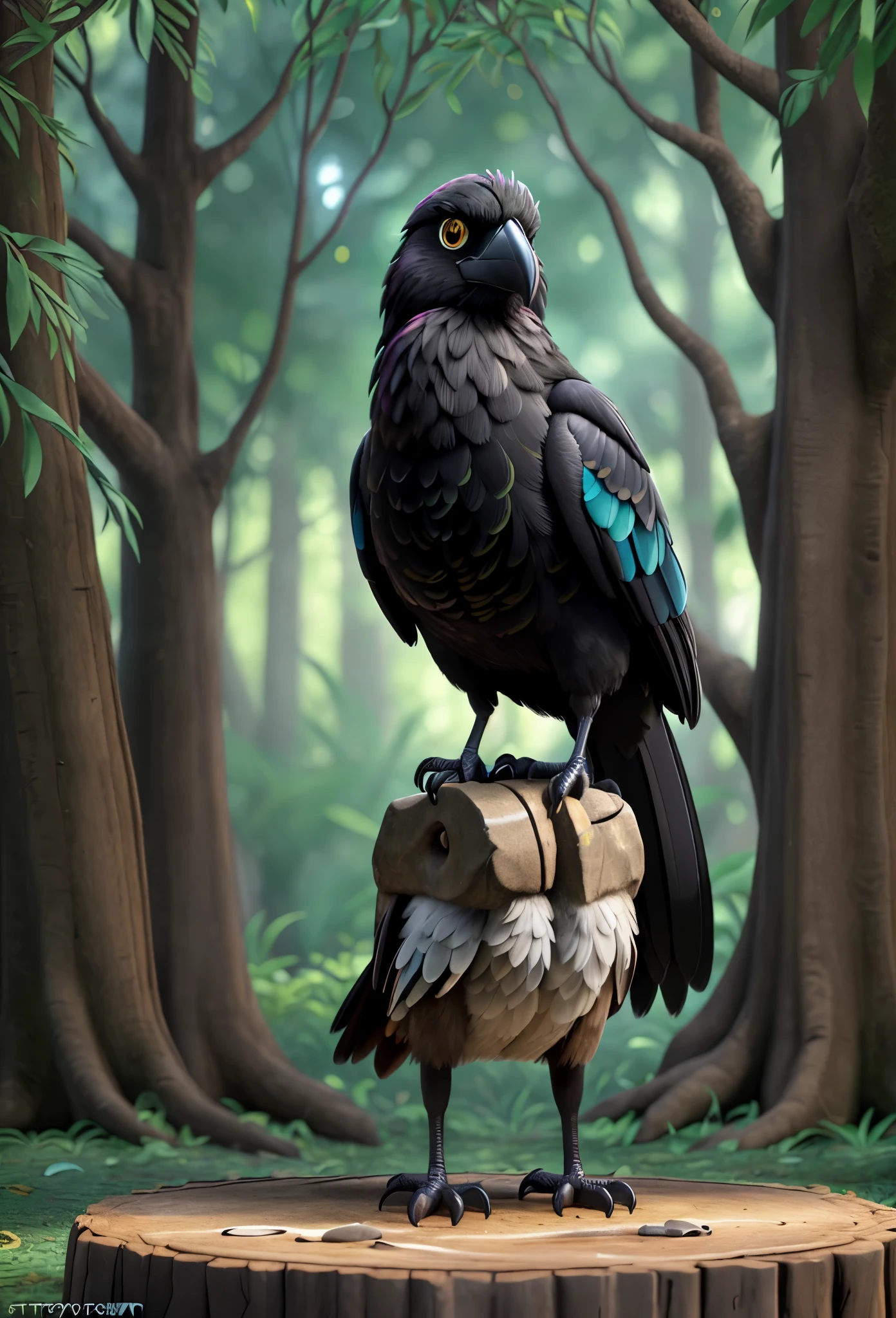 ,Black crow with colorful feathers,shimmering feathers,standing on ancient tree branch,mysterious forest background,(best quality,4k,8k,highres,masterpiece:1.2),ultra-detailed,(realistic,photorealistic,photo-realistic:1.37),vivid colors,sharp focus,studio lighting,physically-based rendering