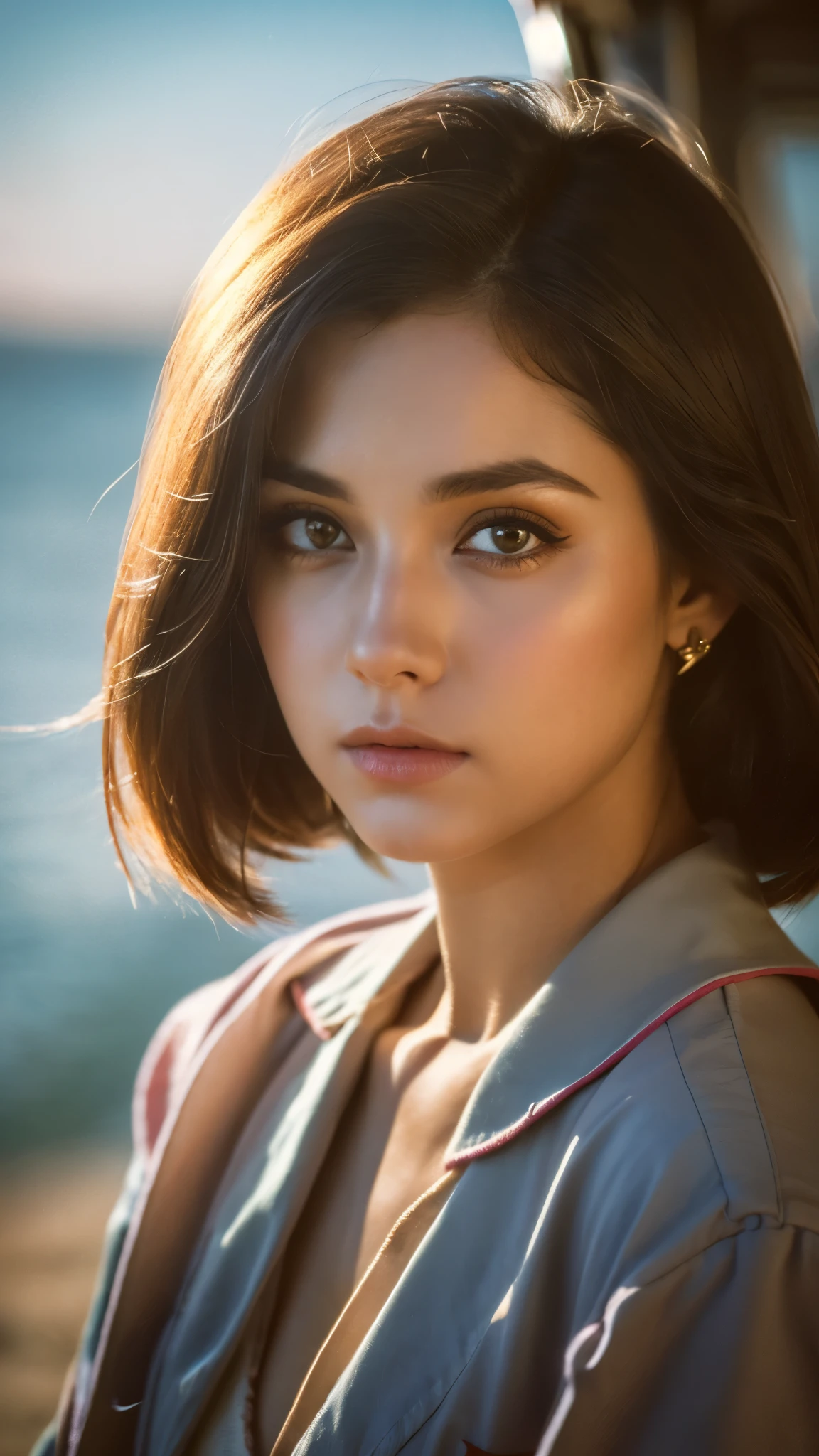 kmwld, (sharp focus:1.2), photograph, attractive young woman, (beautiful face:1.1), fine eyes, luscious lips, (cat eye makeup:0.85), (Big eyes:1.0), (toned body:1.2), (1980s Hair:1.2), wearing (1980s clothing:1.2) to (beach:1.2). (moody lighting:1.2), Depth of the bounds written, Bokeh, 4k, HDR. toよる (james c. Christensen:1.2|Jeremy Lipking:1.1).