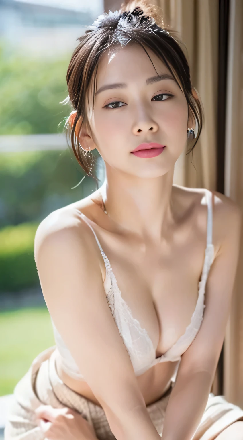 (highest quality, 4k, masterpiece :1.3), 
sharp focus, shallow depth of field, Bright colors, professional level, 
20-year-old, 1 person, (Half Japanese and German woman）, The face of a famous Japanese actress, 
Supple body :1.3, model body shape:1.5, perfect style：1.4, 
narrow shoulders, beautiful clavicle, long and thin legs, 
delicate body shape, The beauty of slim abs :1.2, thin waist :1.2, 
super detailed skin, Fair skin, Shiny skin, super detailed face, 
slim facial contour, beautiful small face, Beautiful lined nose, 
super detailed eyes, long slit eyes, brown eyes, double eyelid, Beautiful thin eyebrows, fine long eyelashes, 
super detailed lips, plump lips, glossy pink lips, flushed cheeks, White teeth, 
Beautiful actress&#39;s ennui makeup, pink lipstick, 
dark brown hair, delicate soft hair, 
(hair up, medium short hair, ponytail:1.2), 
layer cut, (dull bangs:1.2), 
(stylish looking earrings,necklace,bracelet,shiny nail art:1.2), 
cute smile, open mouth half way, Enchanted expression, ((Staring at the viewer)), 
(((photorealism,Shoot the whole body from the thighs:1.5))), ((The body is facing sideways)), 
Photographed directly from the front, dynamic lighting, 

(Dress up in a tight green polka dot bathrobe:1.2), 

((luxury hotel bedroom bed, The midsummer sun shines on the whole)), 
((The large windows overlook the ocean horizon.:1.2)), 


((Eyes closed:1.4)), 
((pursing lips:1.4)),
((pouting)),
((blushing cheeks)),
((I&#39;m enchanted)),
((A look of pleasure)), 
((touching breasts:1.4)), 
((body is wet)),
((Fingers stroking nipples)),