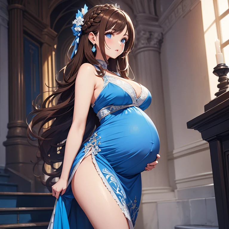 Sexy pregnant princess, elegant detailed tight blue dress with white details, brown hair in a half up side braid, blue eyes