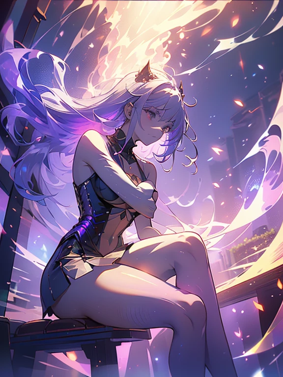 elegant girl, sitting in a badass pose, (((there is smoke around her, purple and black smoke, in a circle, using white transparent dress))), short bob hair, white hair, fireflies and cherry blossoms, (((small breasts, big ass, thick muscle thigh))), low light gradient, {extremely detailed 16k CG unit wallpaper}, expansive landscape photography, (a low view with focus on the scenery), (wide view of open field), ( low angle photo), (high light: 1.2), (low light: 1.2), (warm light source: 1.2), complex details, (iridescent colors: 1.5), (bright lighting), (atmospheric lighting), Dreamy , single,